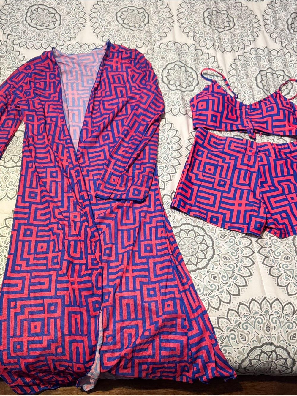 Pink and Blue Geometric Cover-Up with Matching Bikini Set